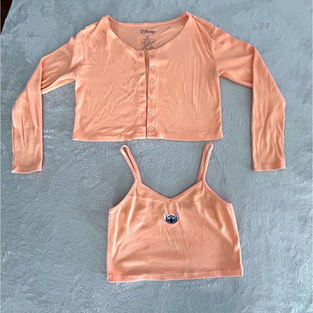 Disney Stitch Juniors Peach Ribbed Cropped Cardigan and Camisole Set Medium M